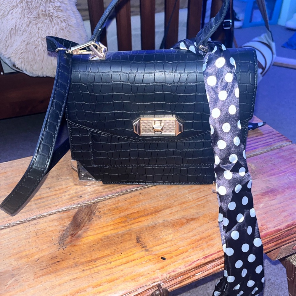 Aldo Black Crossbody Bag with Croc Texture and Gold Clasp